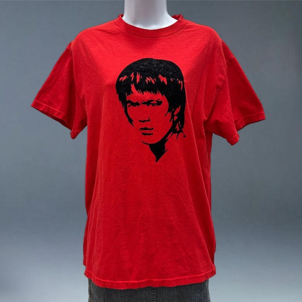 Vintage Bruce Lee Red Tee Unisex Medium Martial Arts Felt Graphic T-Shirt